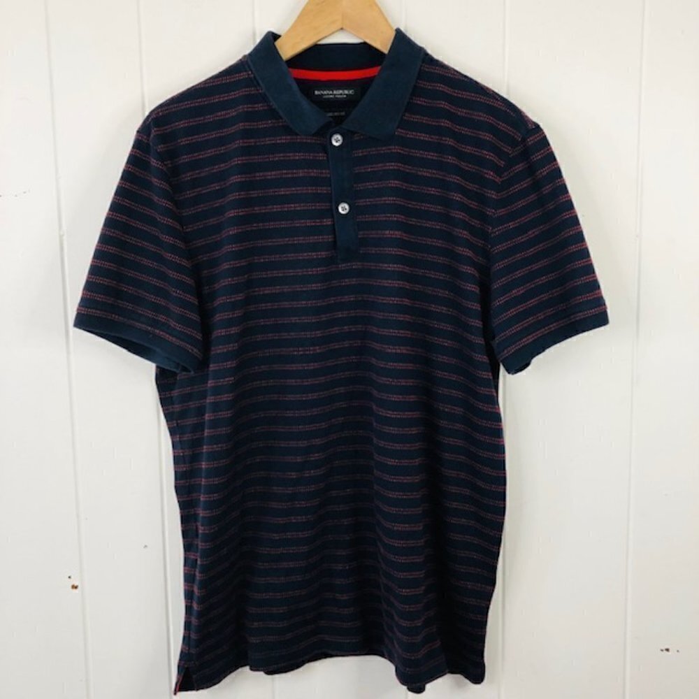 Banana Republic Men's Blue & Red Striped Polo Shirt Large